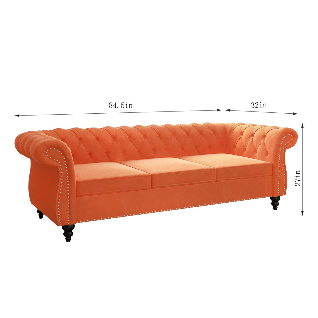Velvet 3 Seater Tufted Sofa with Rolled Arms U8720