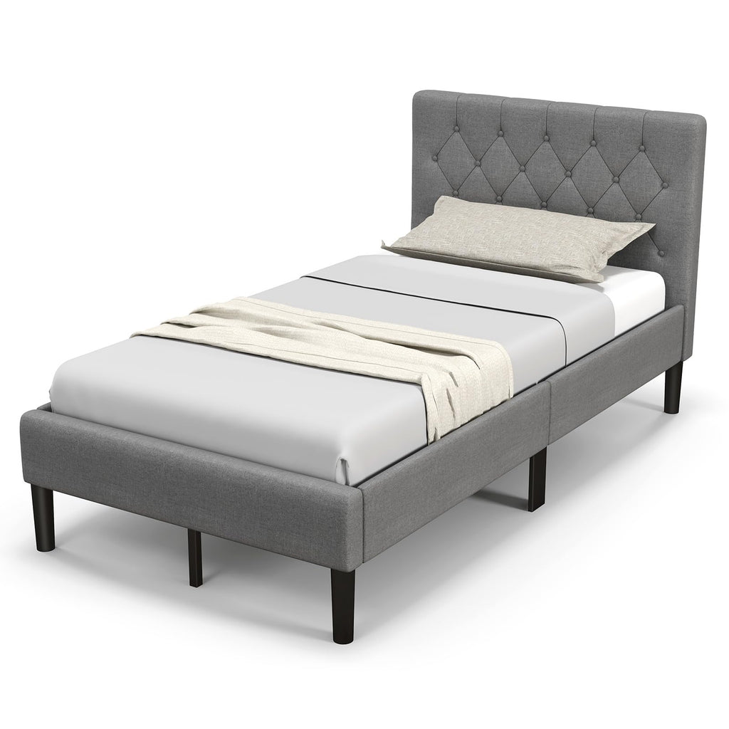 Grey Twin Upholstered Platform Bed with Headboard L23102