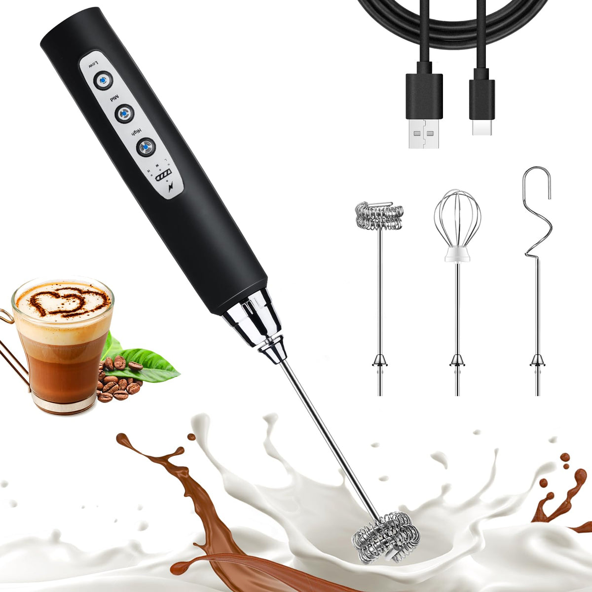 Black Rechargeable Handheld Milk Frother with 3 Heads 3 Speeds K1241