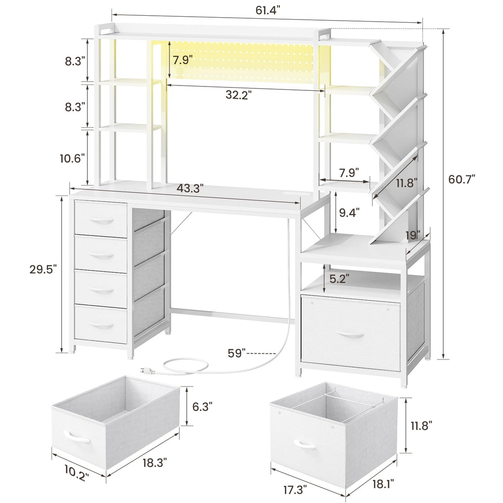 61.4" Computer Desk with Bookshelf, 5 Drawers, Hutch, Outlet, LED F474636