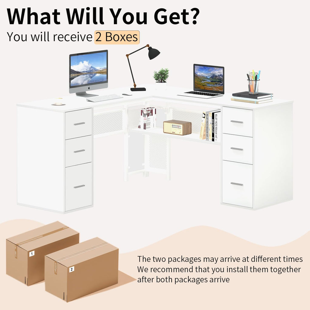White L Shaped Desk with Drawers V7813