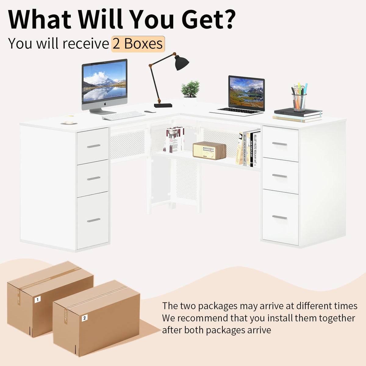 White L Shaped Desk with Drawers V7813