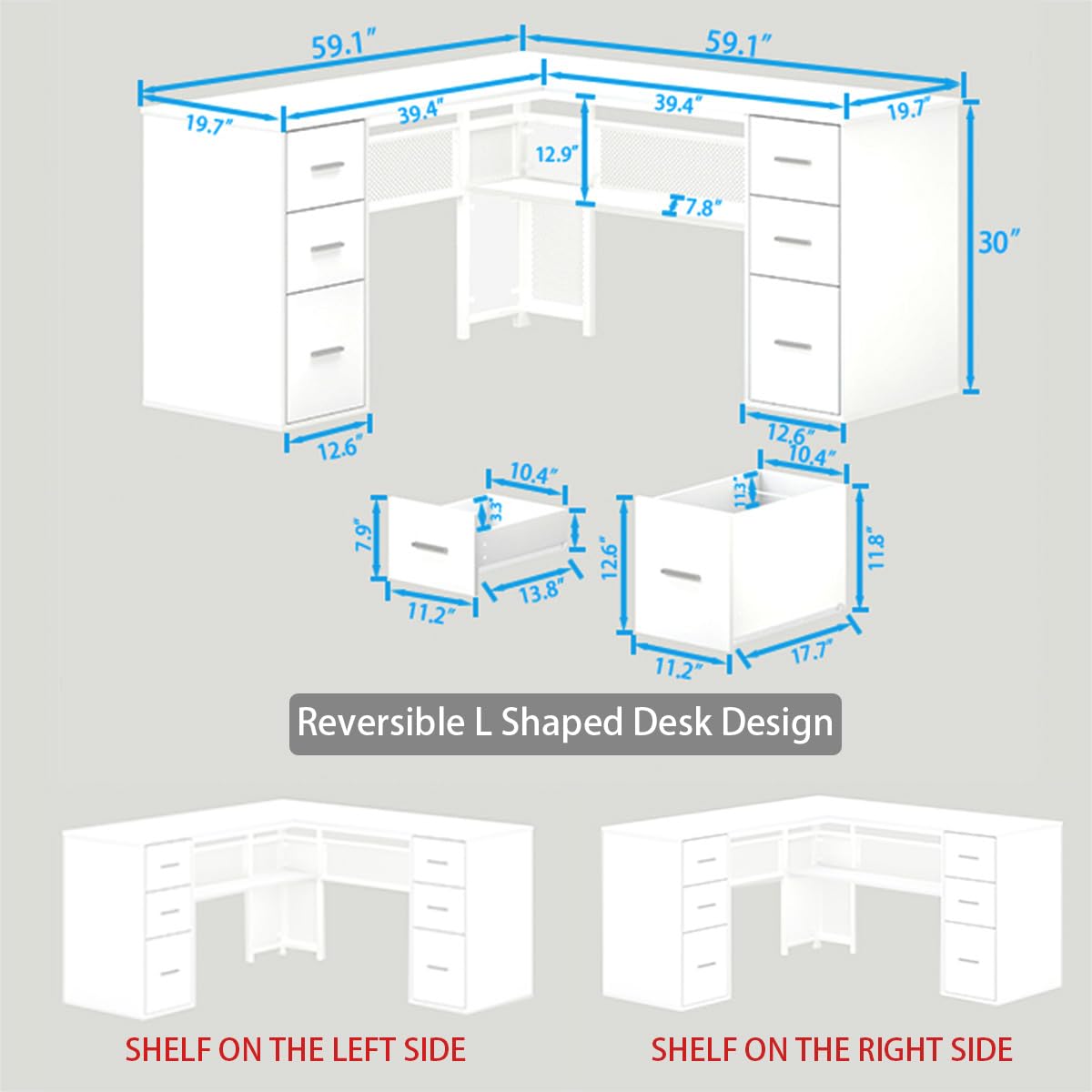 White L Shaped Desk with Drawers V7813