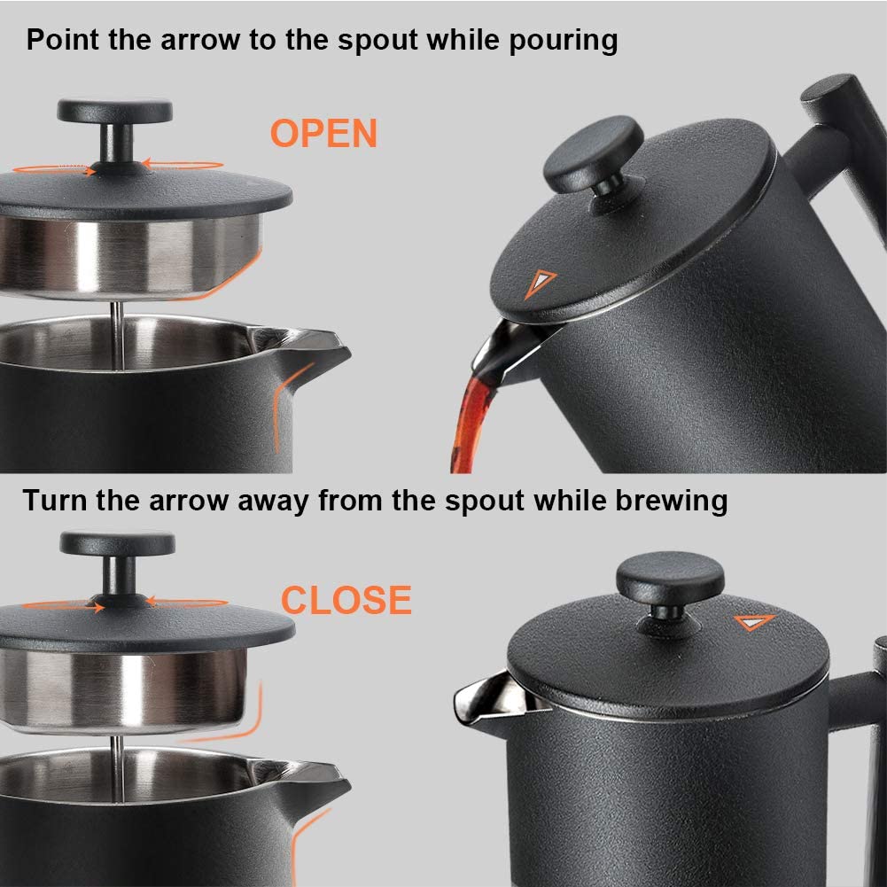 French Press Coffee Maker, 304 Grade Stainless Steel Insulated, 34oz, Black Z74063