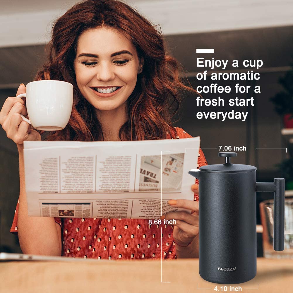 French Press Coffee Maker, 304 Grade Stainless Steel Insulated, 34oz, Black Z74063