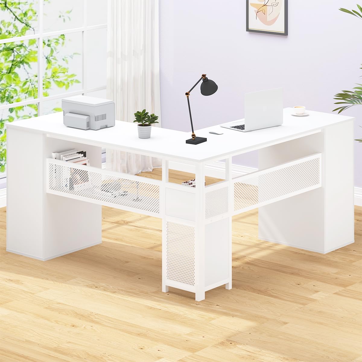 White L Shaped Desk with Drawers V7813