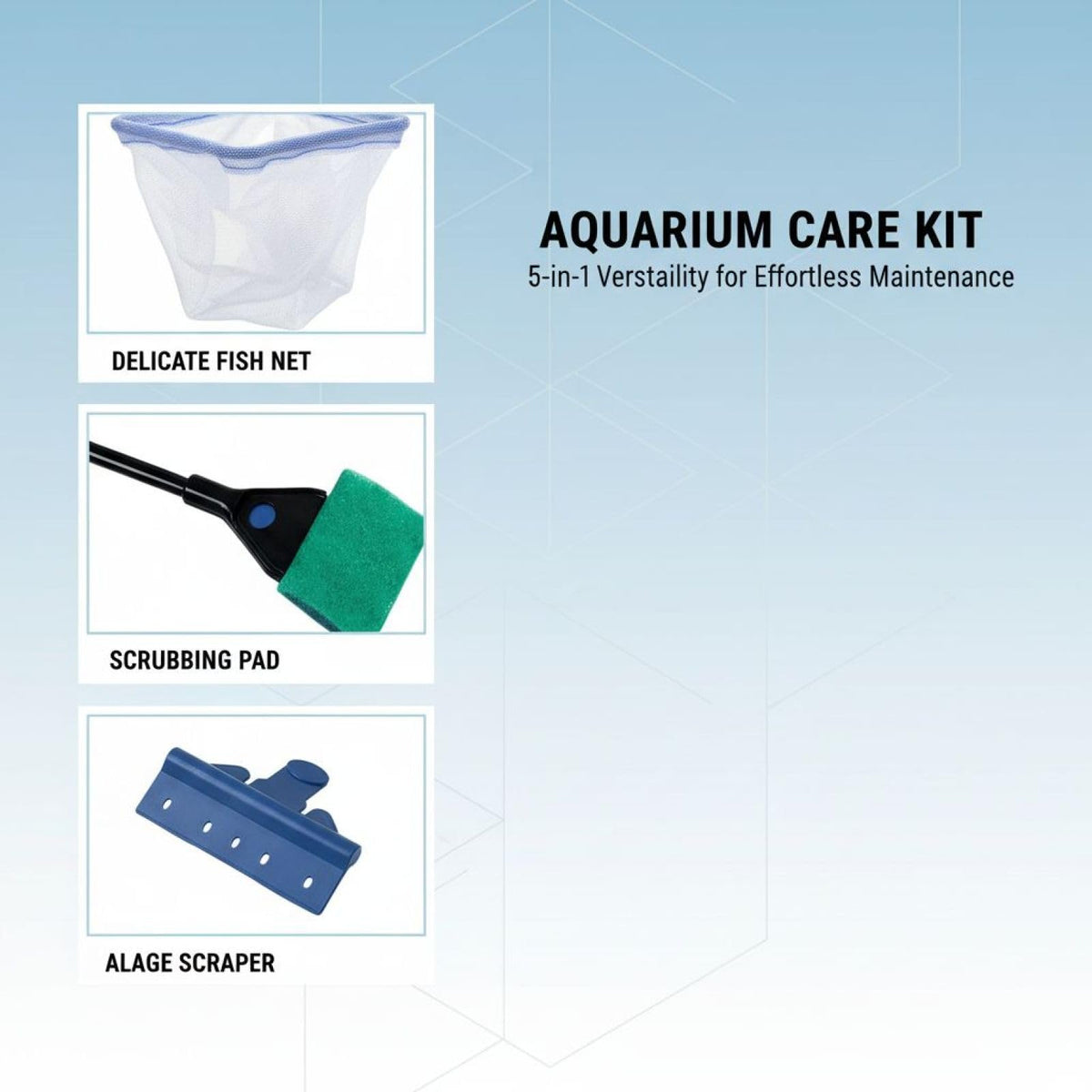 5 in 1 Aquarium Cleaning Kit with Algae Scraper Gravel Rake Fish Net and Brush A549078