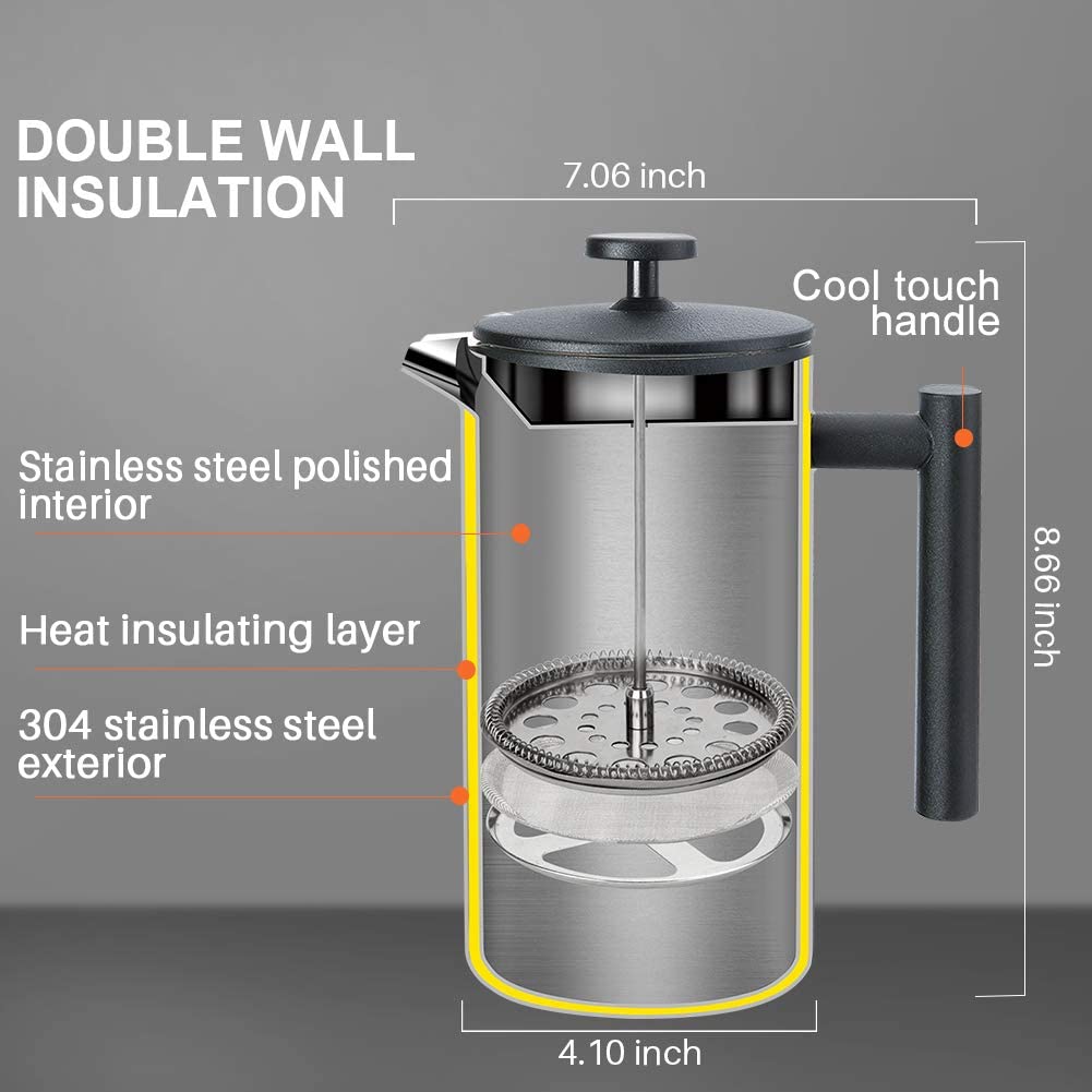 French Press Coffee Maker, 304 Grade Stainless Steel Insulated, 34oz, Black Z74063