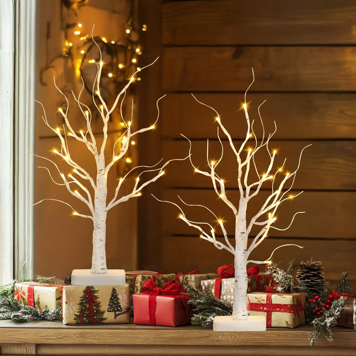Lighted Birch Tree 2 Pack with 24 LED Battery Powered Timer E52649