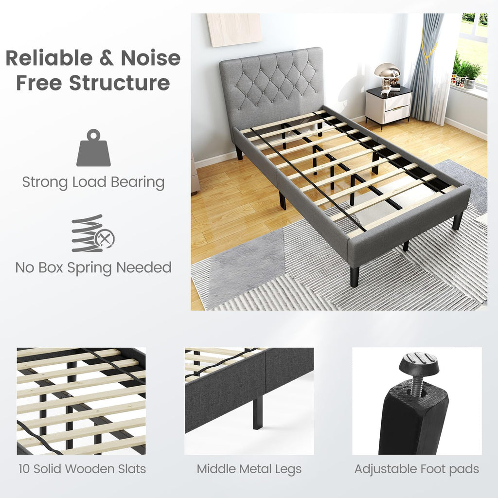 Grey Twin Upholstered Platform Bed with Headboard L23102