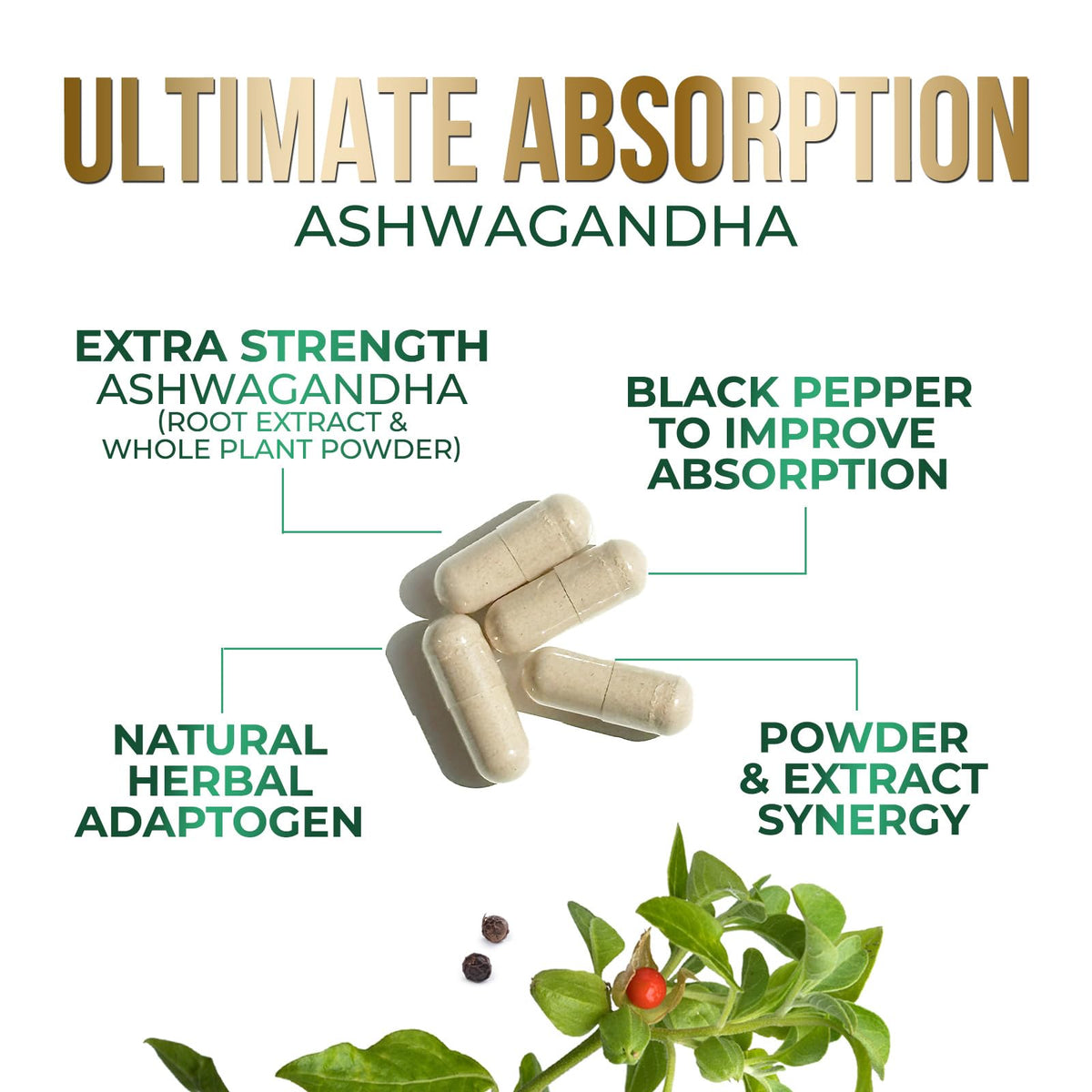 Ashwagandha Capsules with Black Pepper Vegan 180 Capsules T85050