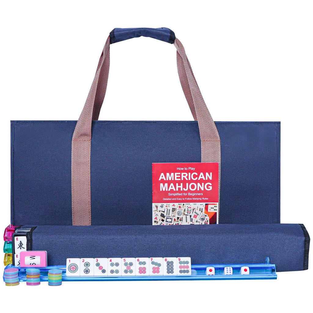 American Mahjong Game Set, 166 White Tiles, 4 Color Rack/Pushers, Blue Carrying Bag M546