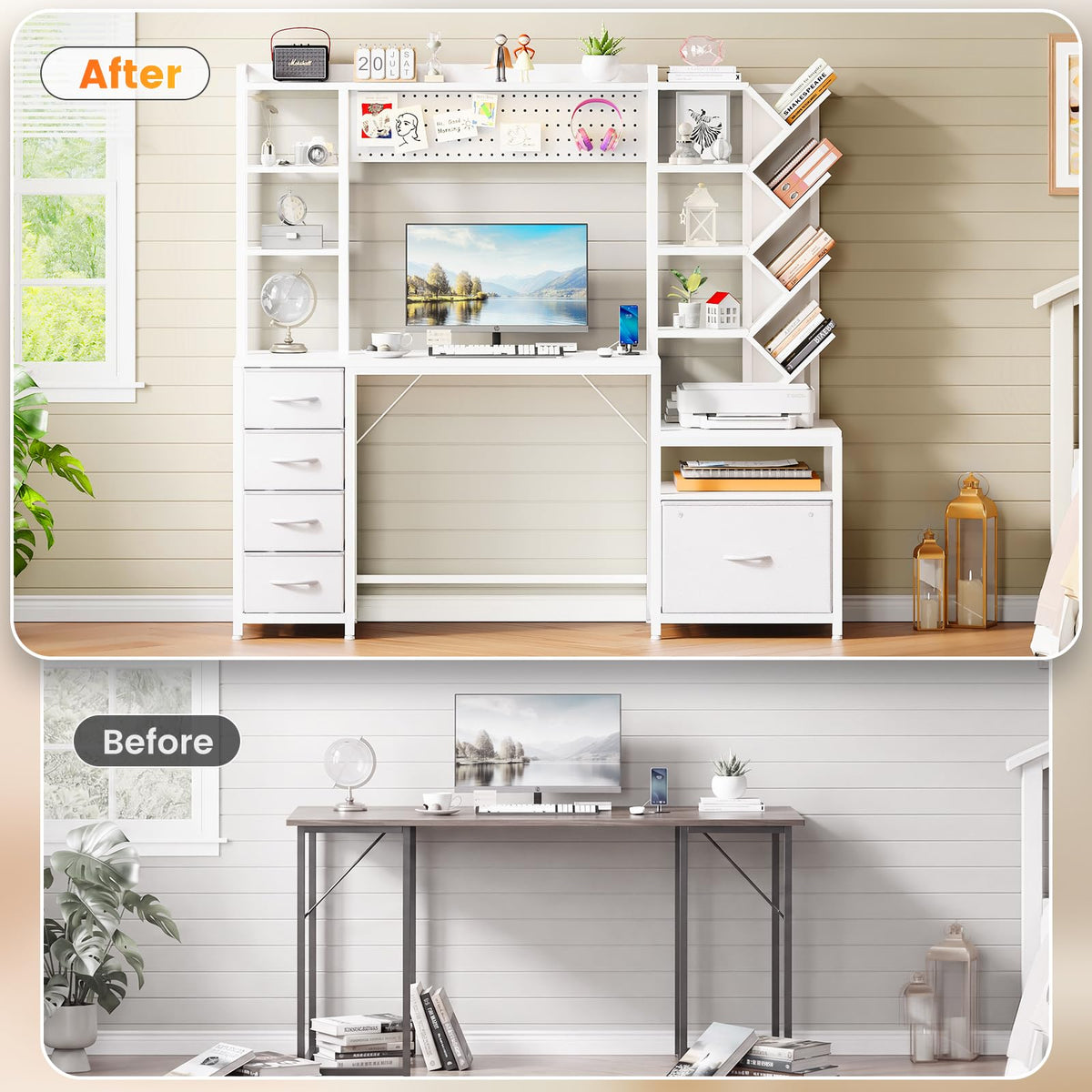 61.4" Computer Desk with Bookshelf, 5 Drawers, Hutch, Outlet, LED F474636