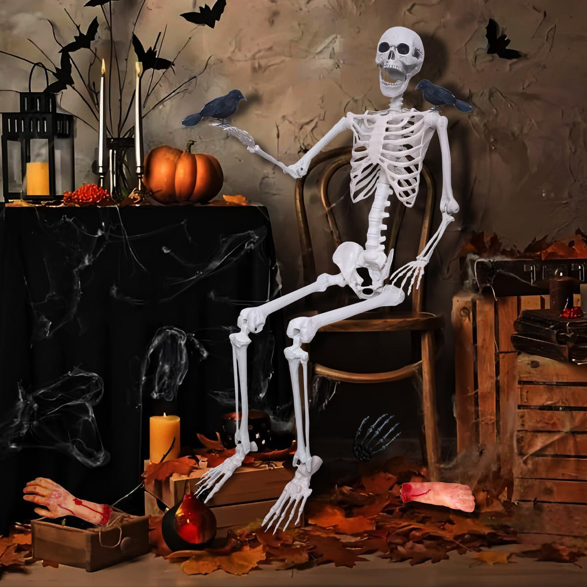 5.4ft/165cm Halloween Skeleton with Crows Movable Joints E7587