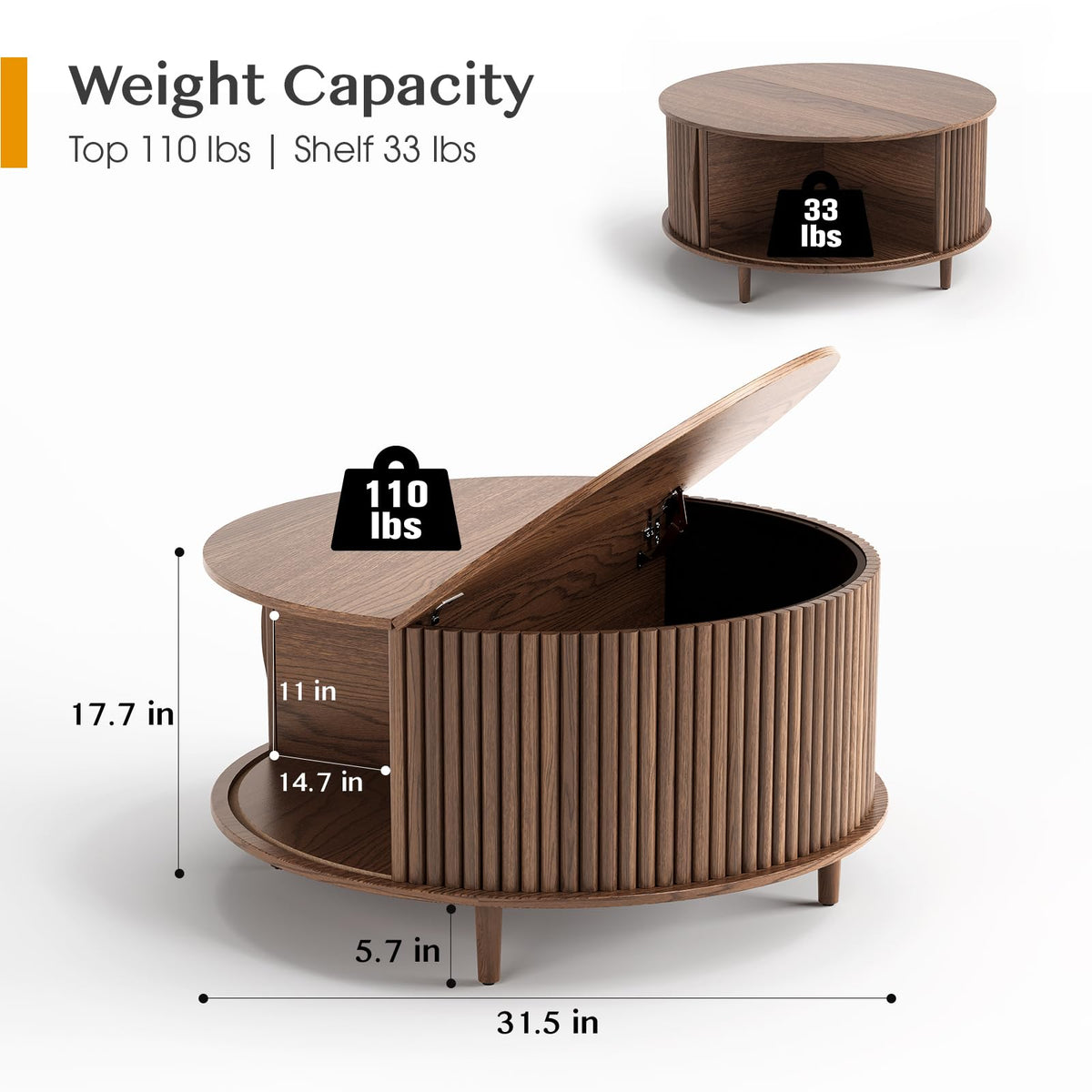 Round Coffee Table with Storage, 31.5", Walnut X5763