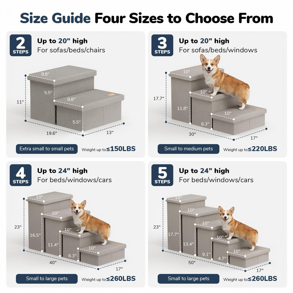 2-Step Wide Dog Stairs with Storage, Non-Slip Foldable Pet Steps, Grey M25049