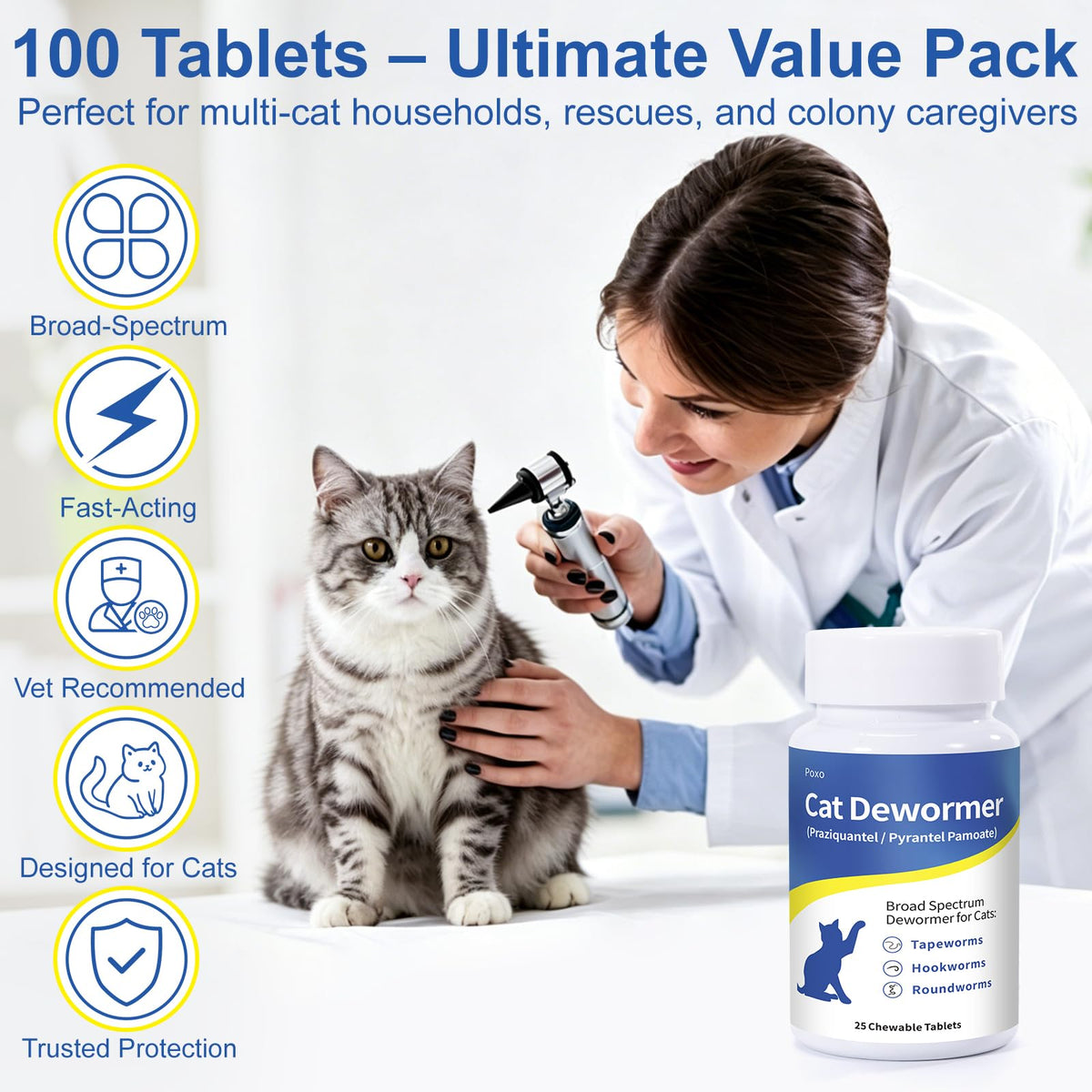 Broad Spectrum Dewormer Tablets for Cats and Kittens, 100 Tablets E6361