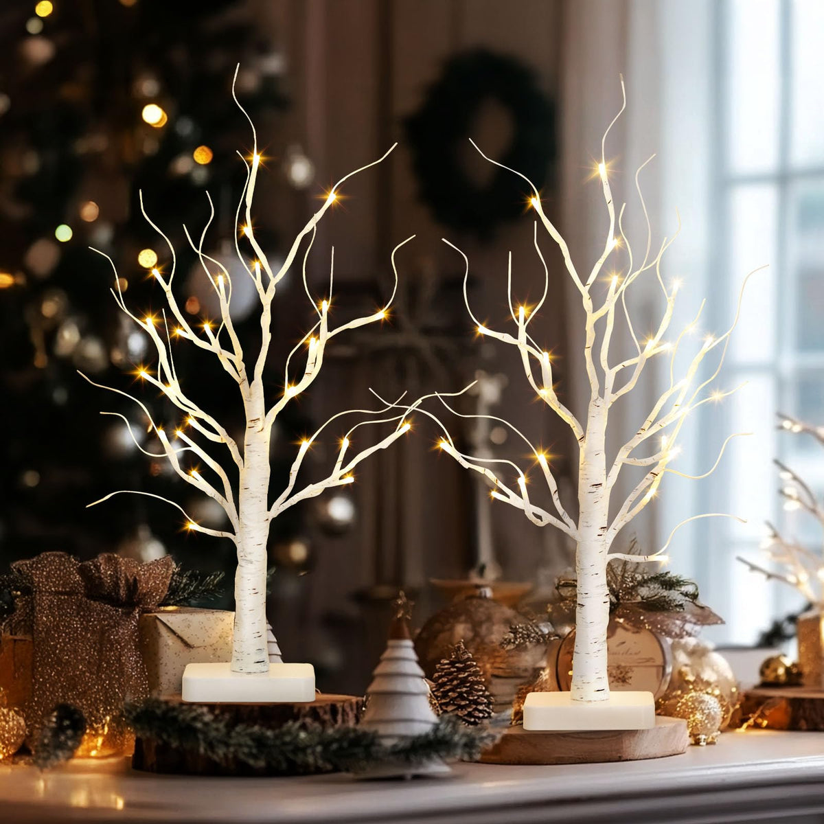 Lighted Birch Tree 2 Pack with 24 LED Battery Powered Timer E52649
