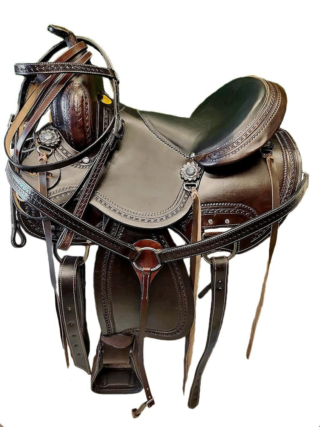 Brown Leather Western Horse Saddle Set with Headstall Breast Collar Reins C543