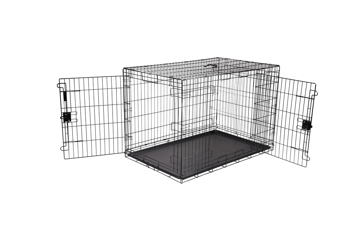 Portable Metal Wire Dog Crate, Double Door with Removable Tray, Black T856