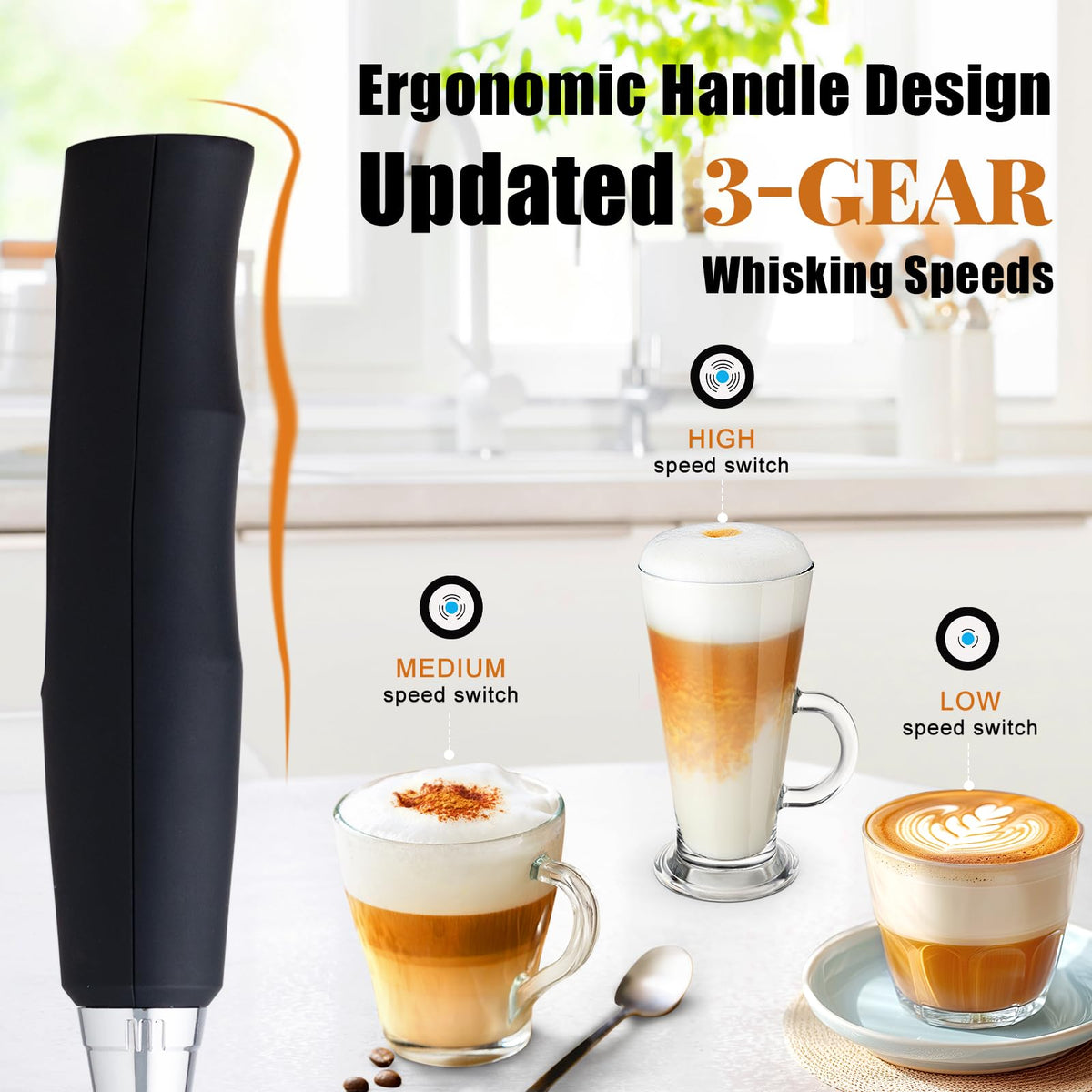 Black Rechargeable Handheld Milk Frother with 3 Heads 3 Speeds K1241