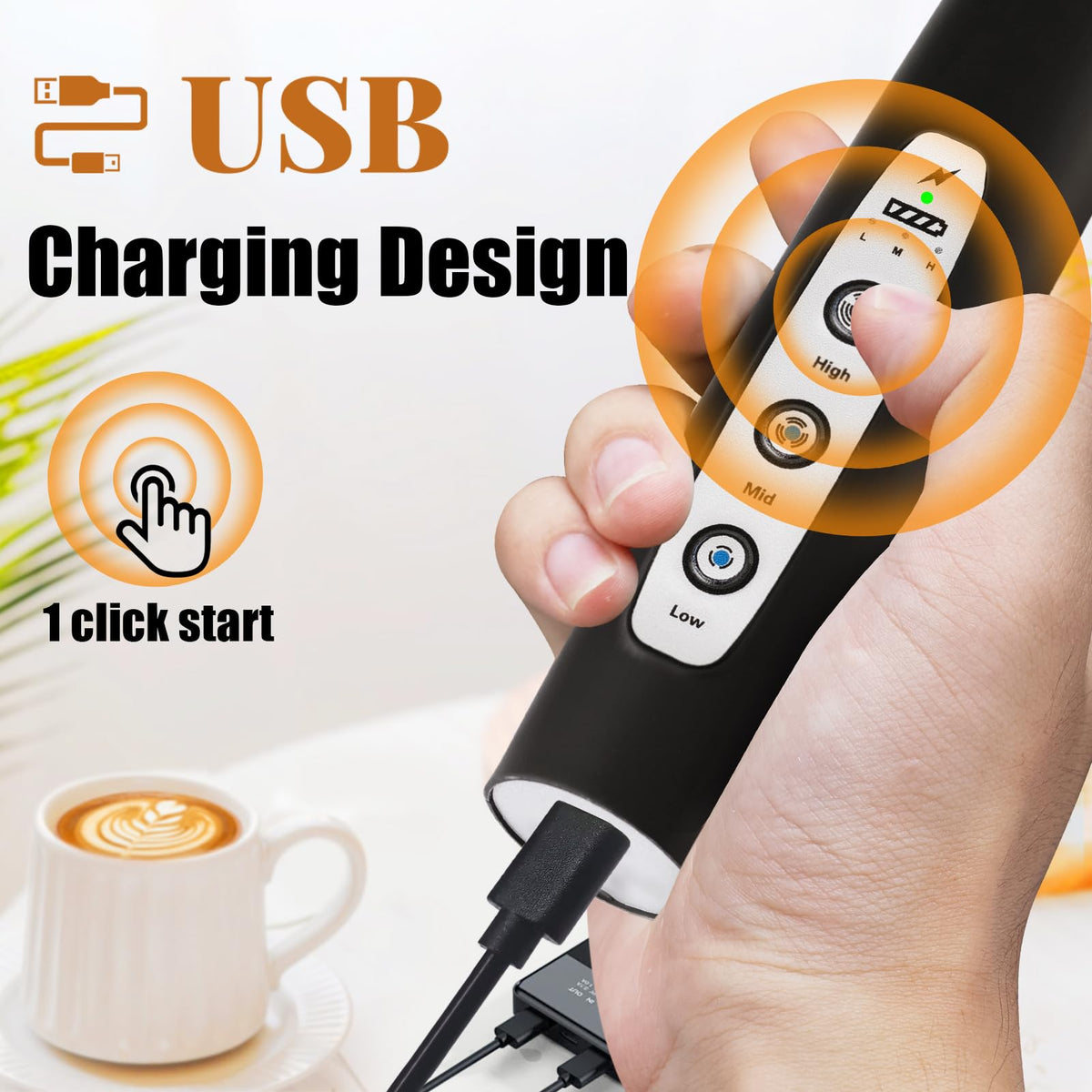Black Rechargeable Handheld Milk Frother with 3 Heads 3 Speeds K1241