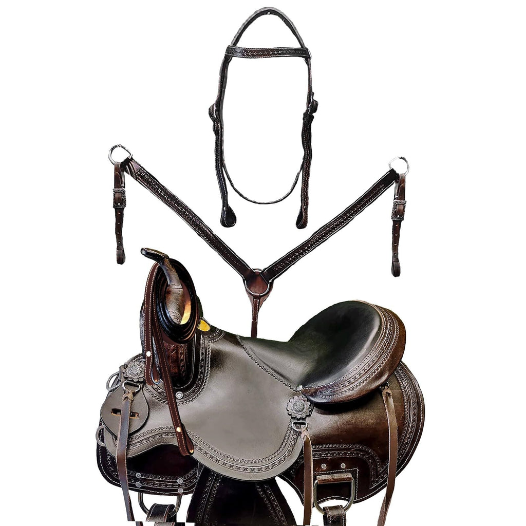 Brown Leather Western Horse Saddle Set with Headstall Breast Collar Reins C543