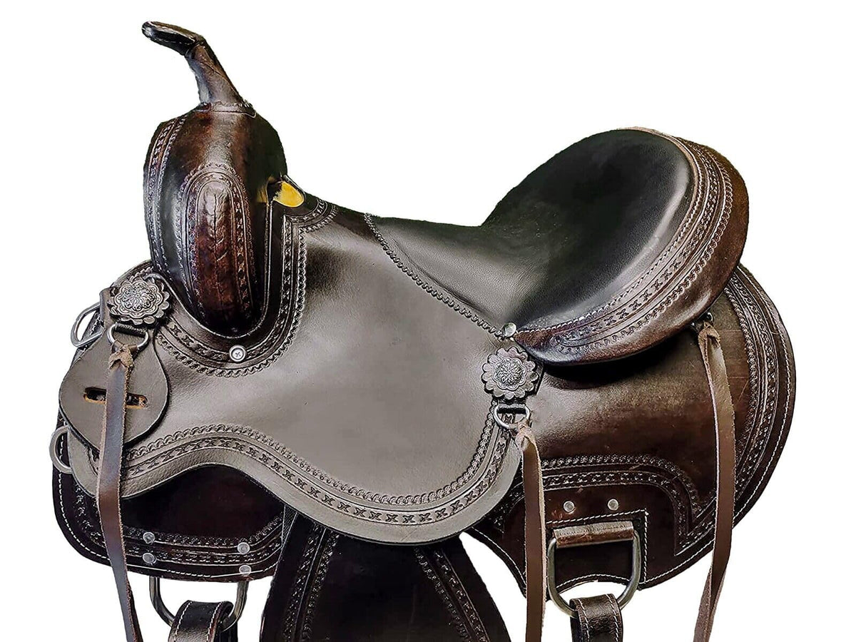Brown Leather Western Horse Saddle Set with Headstall Breast Collar Reins C543