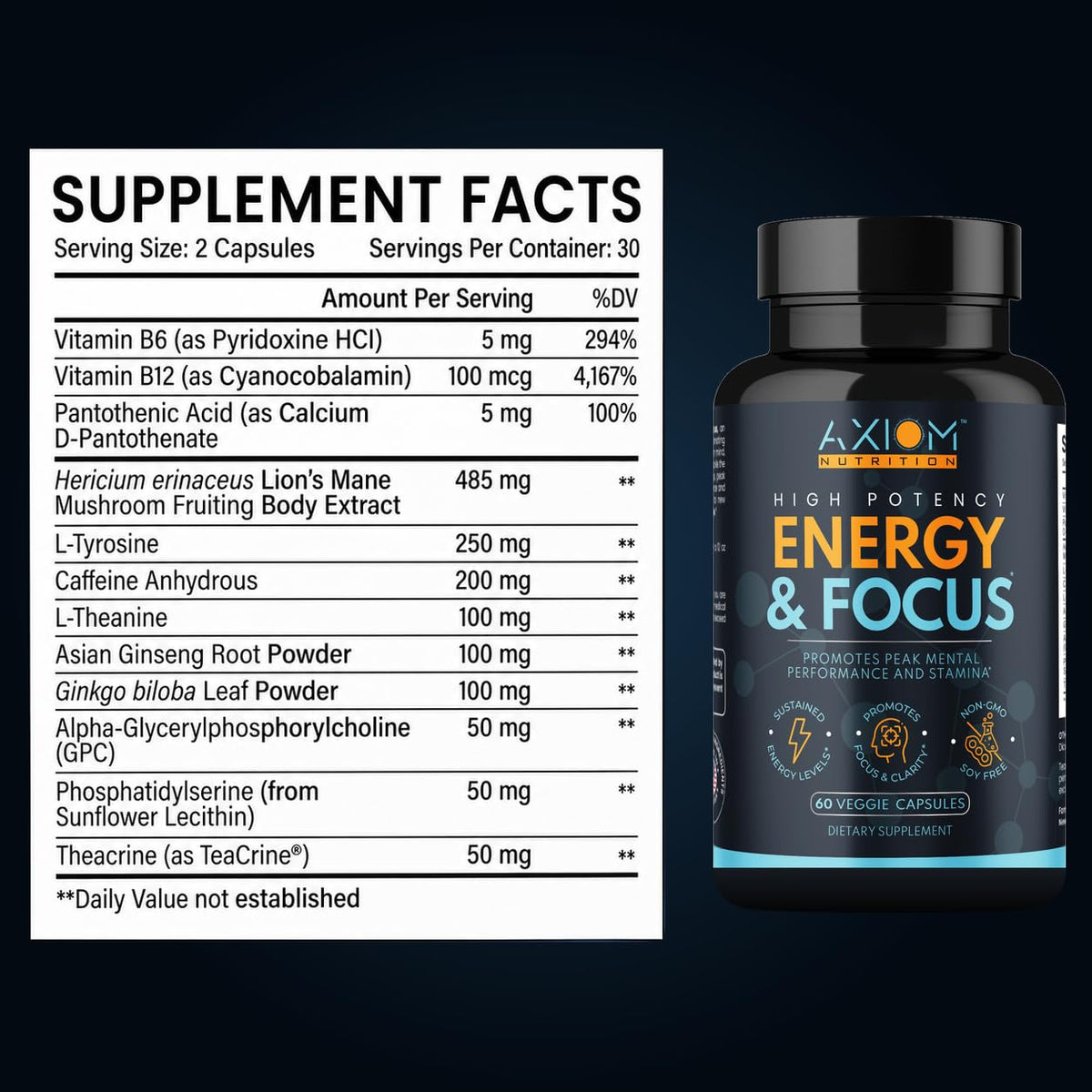 200mg Caffeine Lions Mane Mushroom 60 Capsules Q346