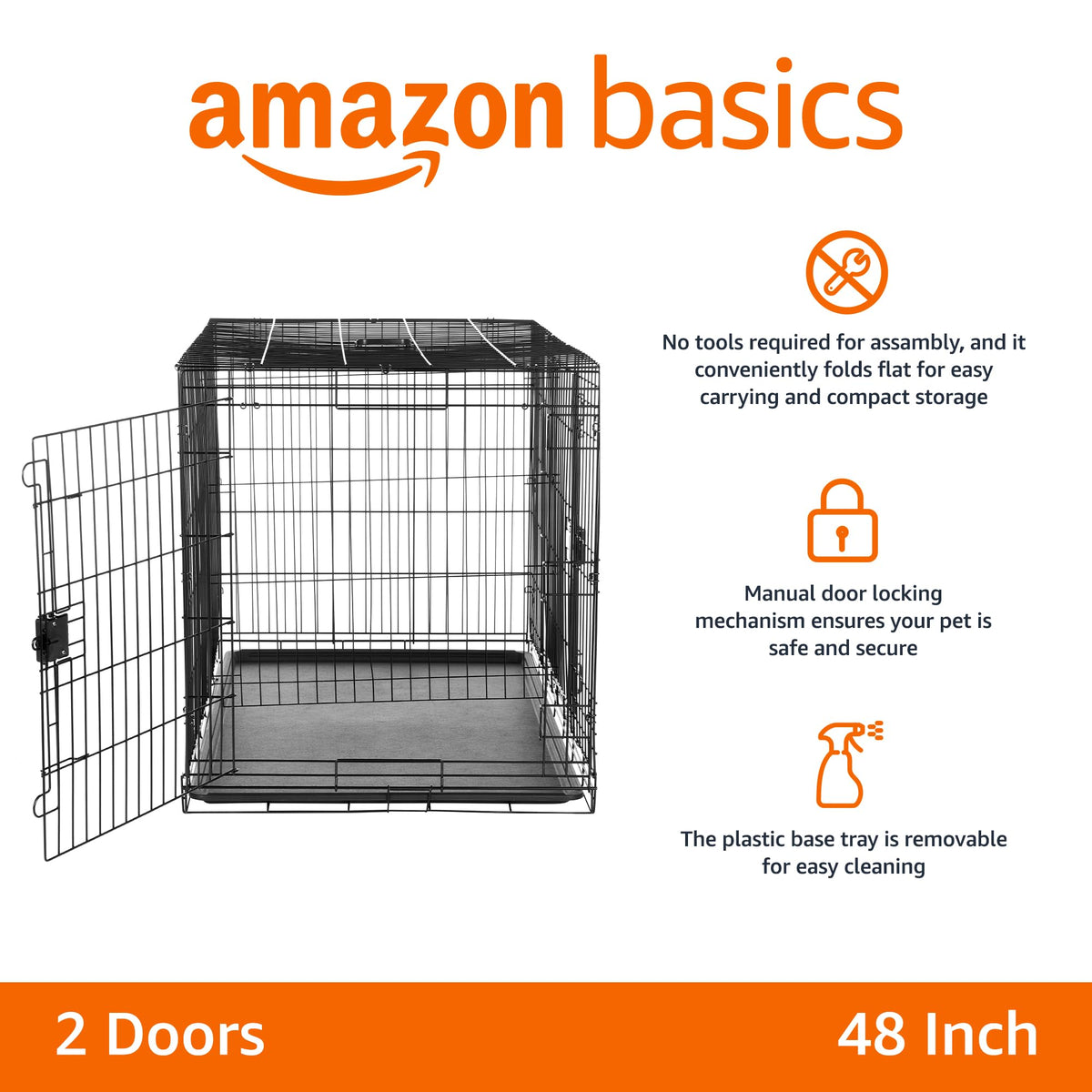 Portable Metal Wire Dog Crate, Double Door with Removable Tray, Black T856