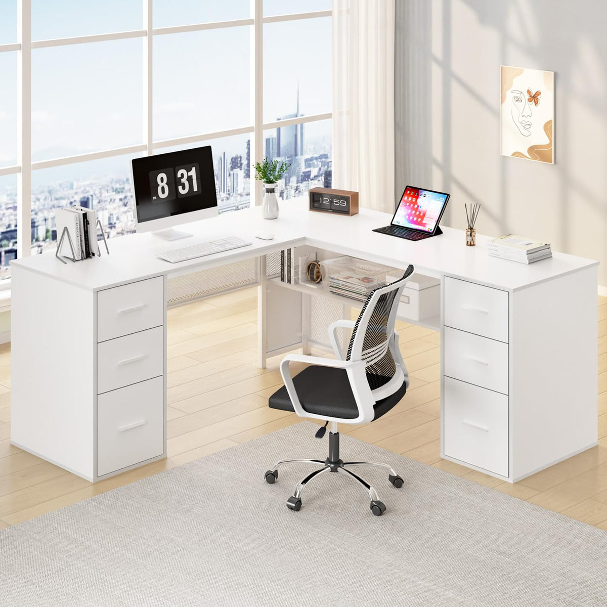 White L Shaped Desk with Drawers V7813