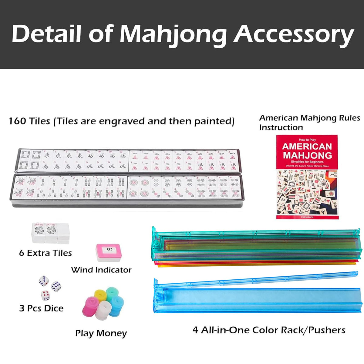 American Mahjong Game Set, 166 White Tiles, 4 Color Rack/Pushers, Blue Carrying Bag M546