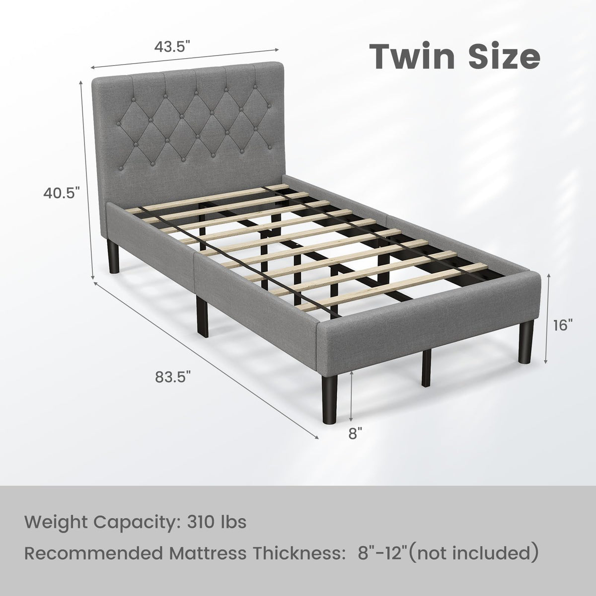 Grey Twin Upholstered Platform Bed with Headboard L23102