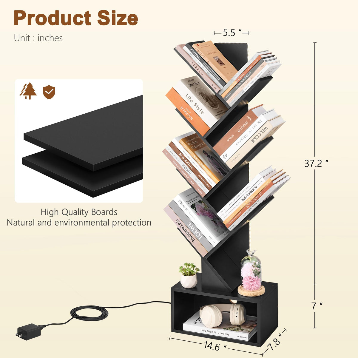 6 Tier Tree Bookshelf with Drawer and LED Lights Y15849