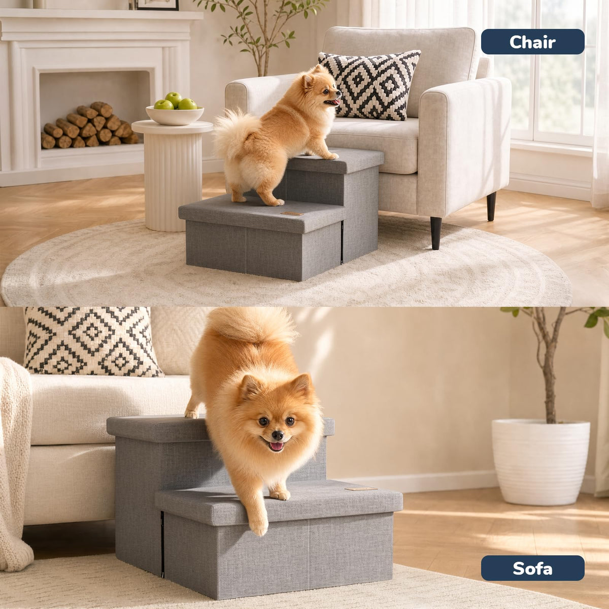 2-Step Wide Dog Stairs with Storage, Non-Slip Foldable Pet Steps, Grey M25049