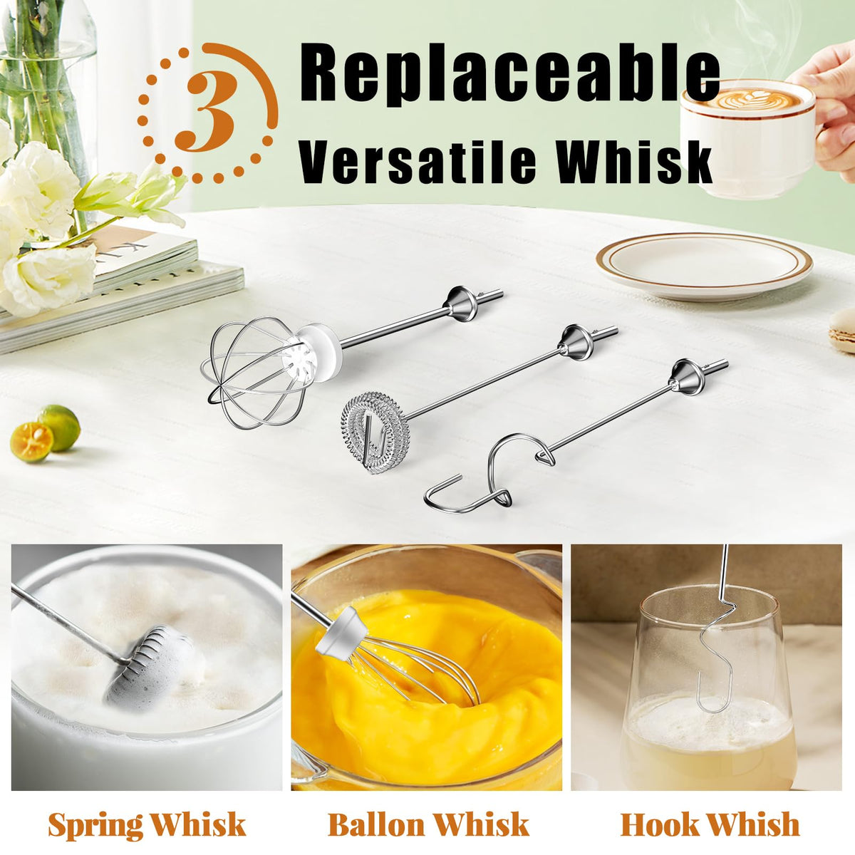 Black Rechargeable Handheld Milk Frother with 3 Heads 3 Speeds K1241