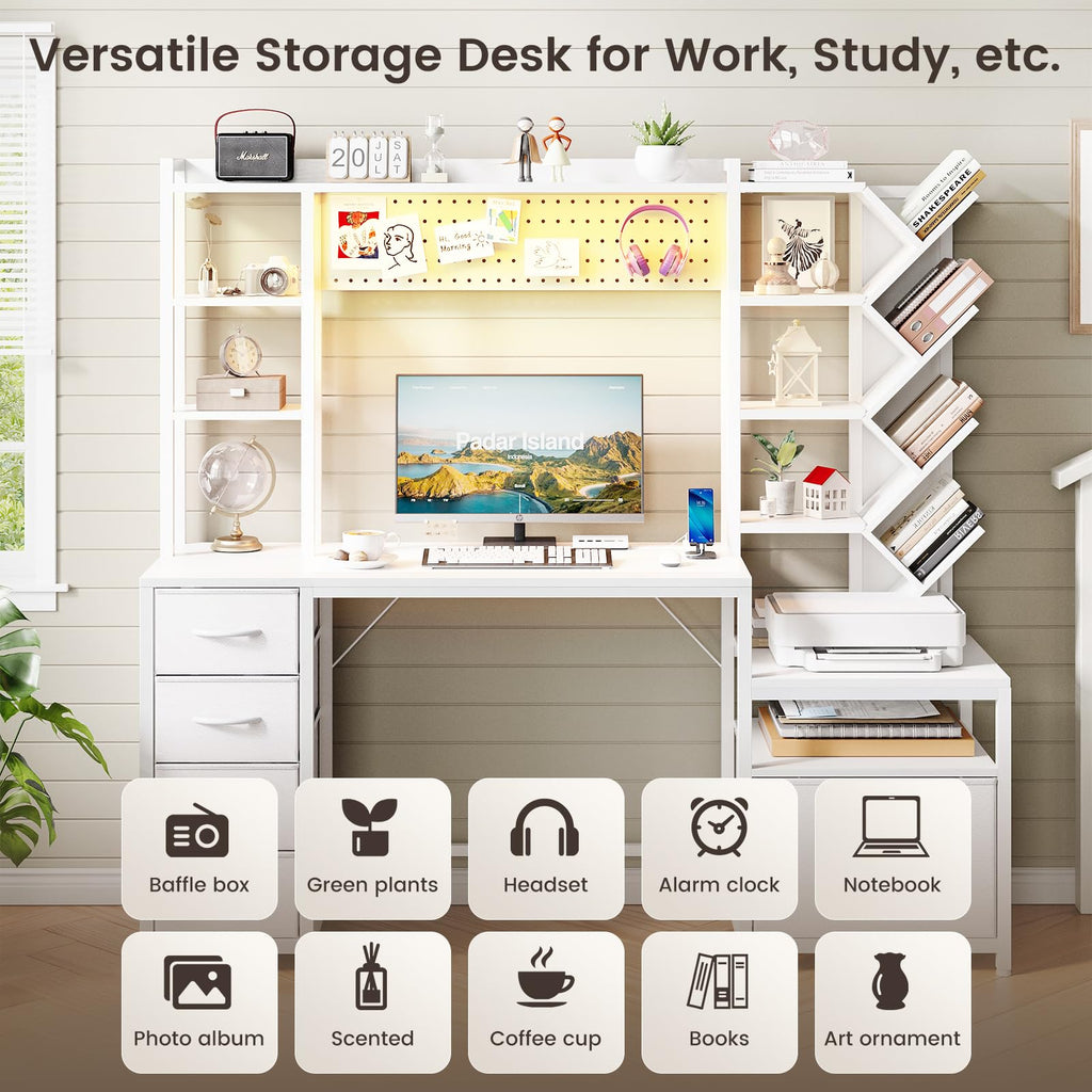 61.4" Computer Desk with Bookshelf, 5 Drawers, Hutch, Outlet, LED F474636