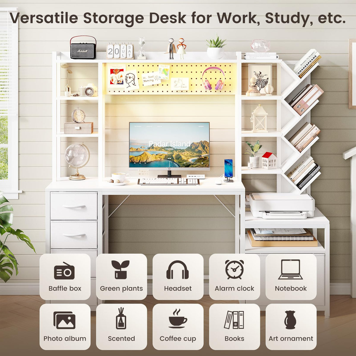 61.4" Computer Desk with Bookshelf, 5 Drawers, Hutch, Outlet, LED F474636