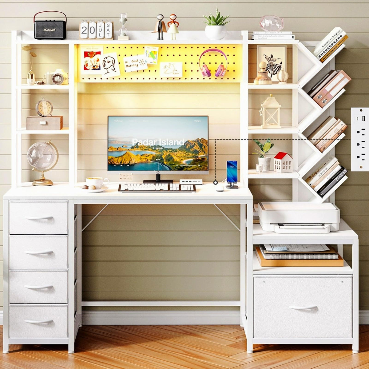 61.4" Computer Desk with Bookshelf, 5 Drawers, Hutch, Outlet, LED F474636