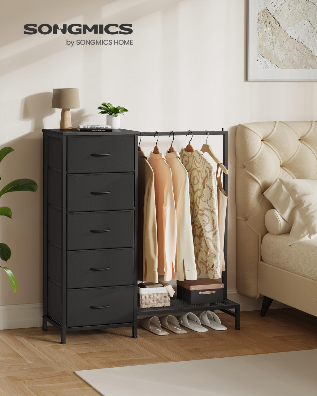 Fabric Dresser with Hanging Rod and 5 Drawers P637102