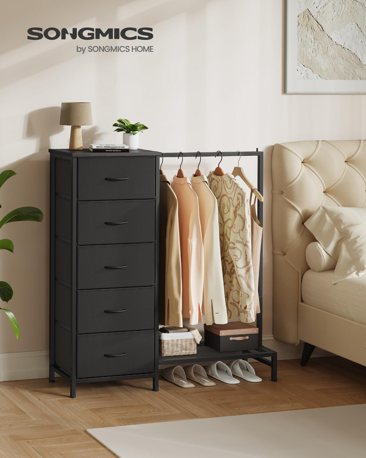 Fabric Dresser with Hanging Rod and 5 Drawers P637102