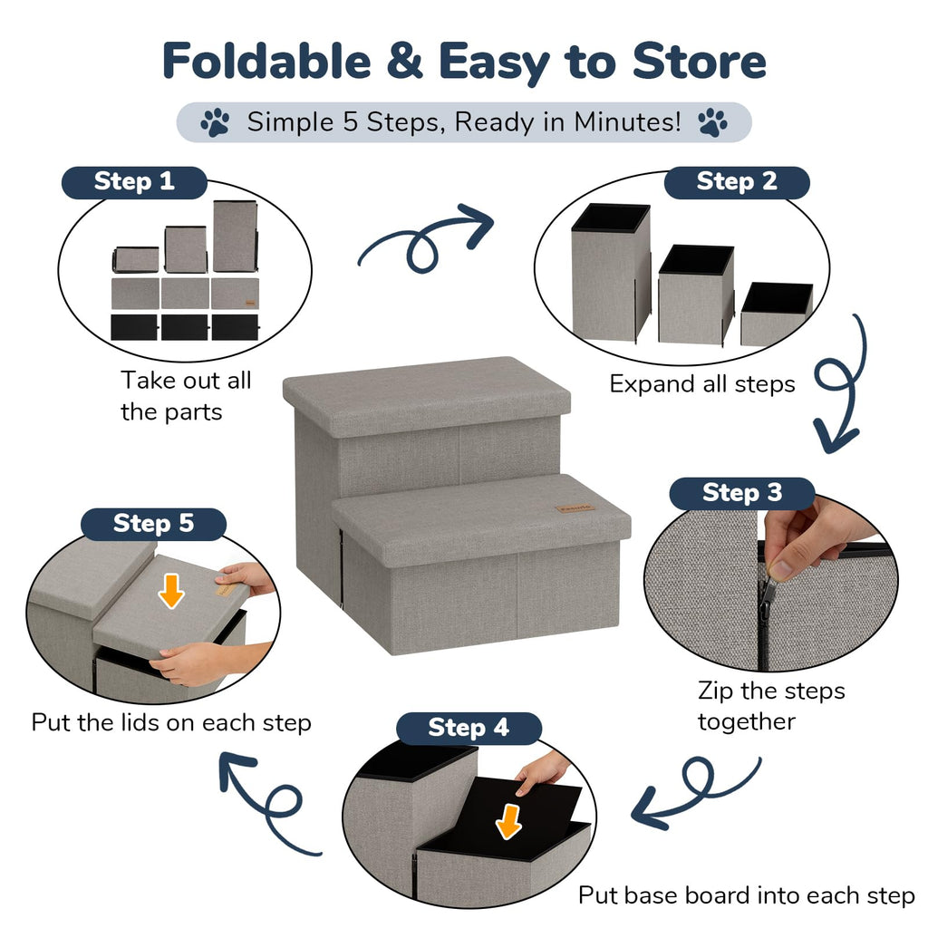 2-Step Wide Dog Stairs with Storage, Non-Slip Foldable Pet Steps, Grey M25049