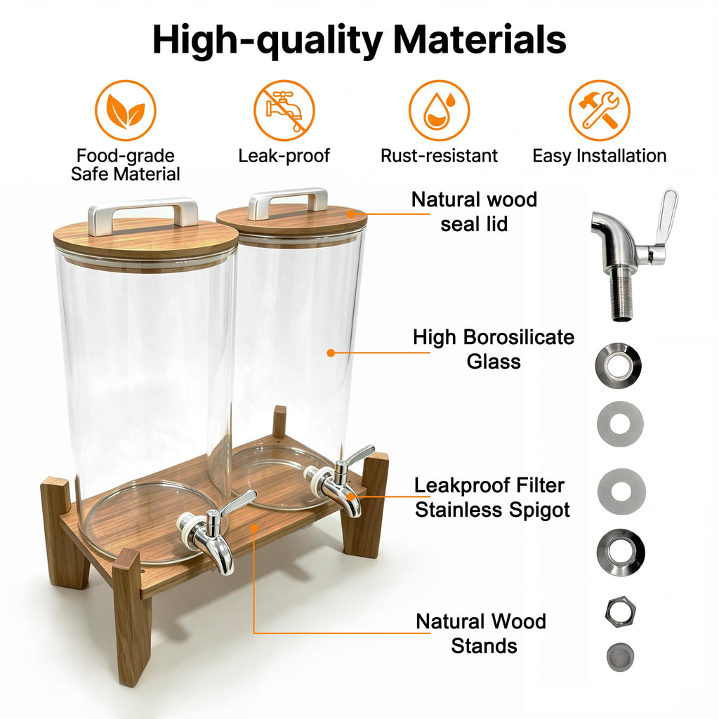 Glass Drink Dispenser with Wood Stand 1.6 Gallon E735542