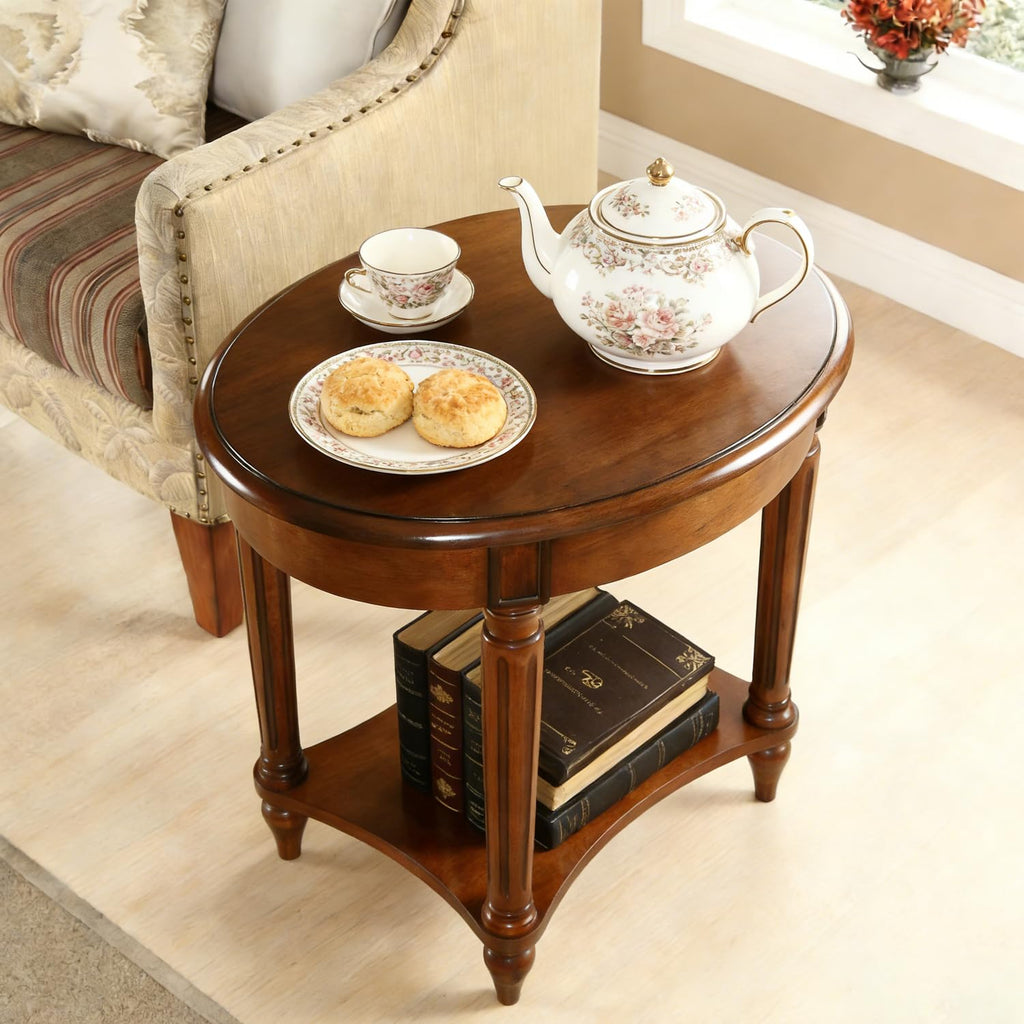 Oval Cherry Finish Wood End Table with Storage Shelf E9162