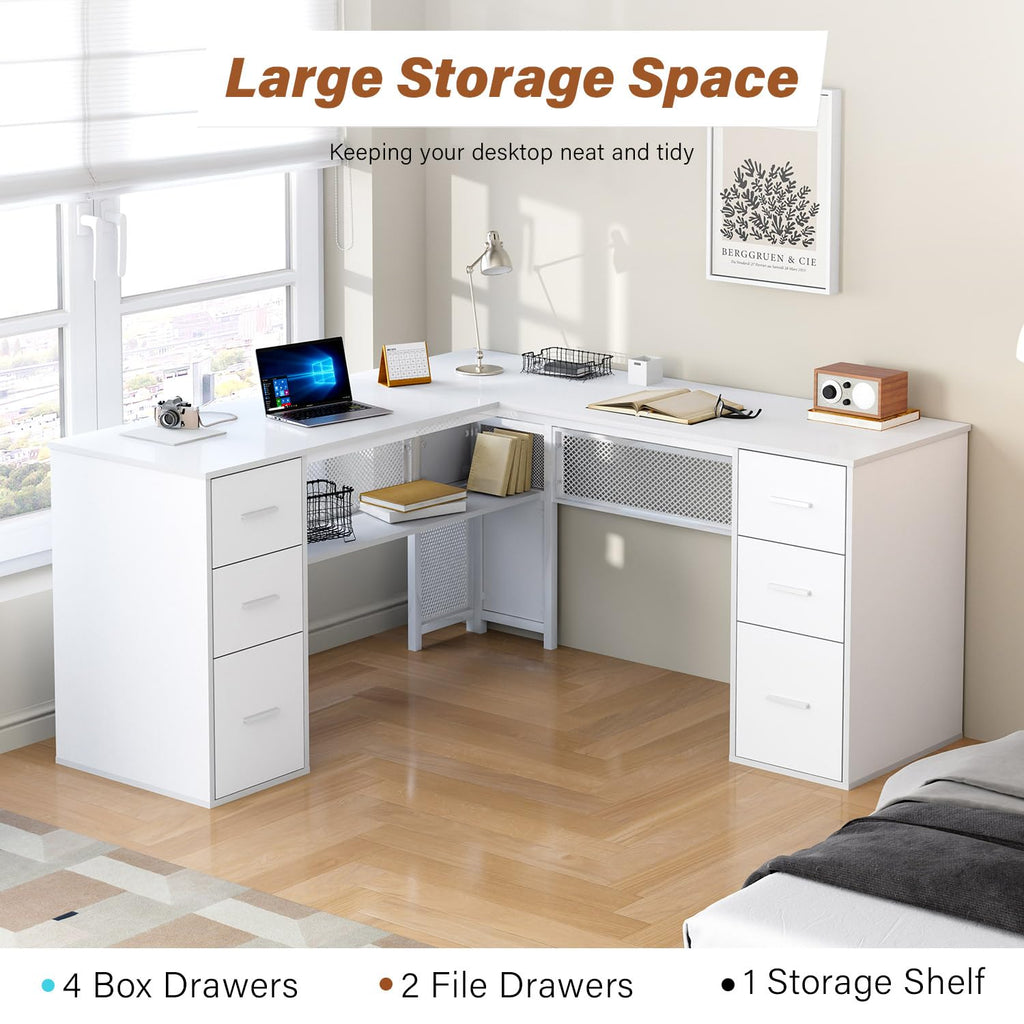 White L Shaped Desk with Drawers V7813