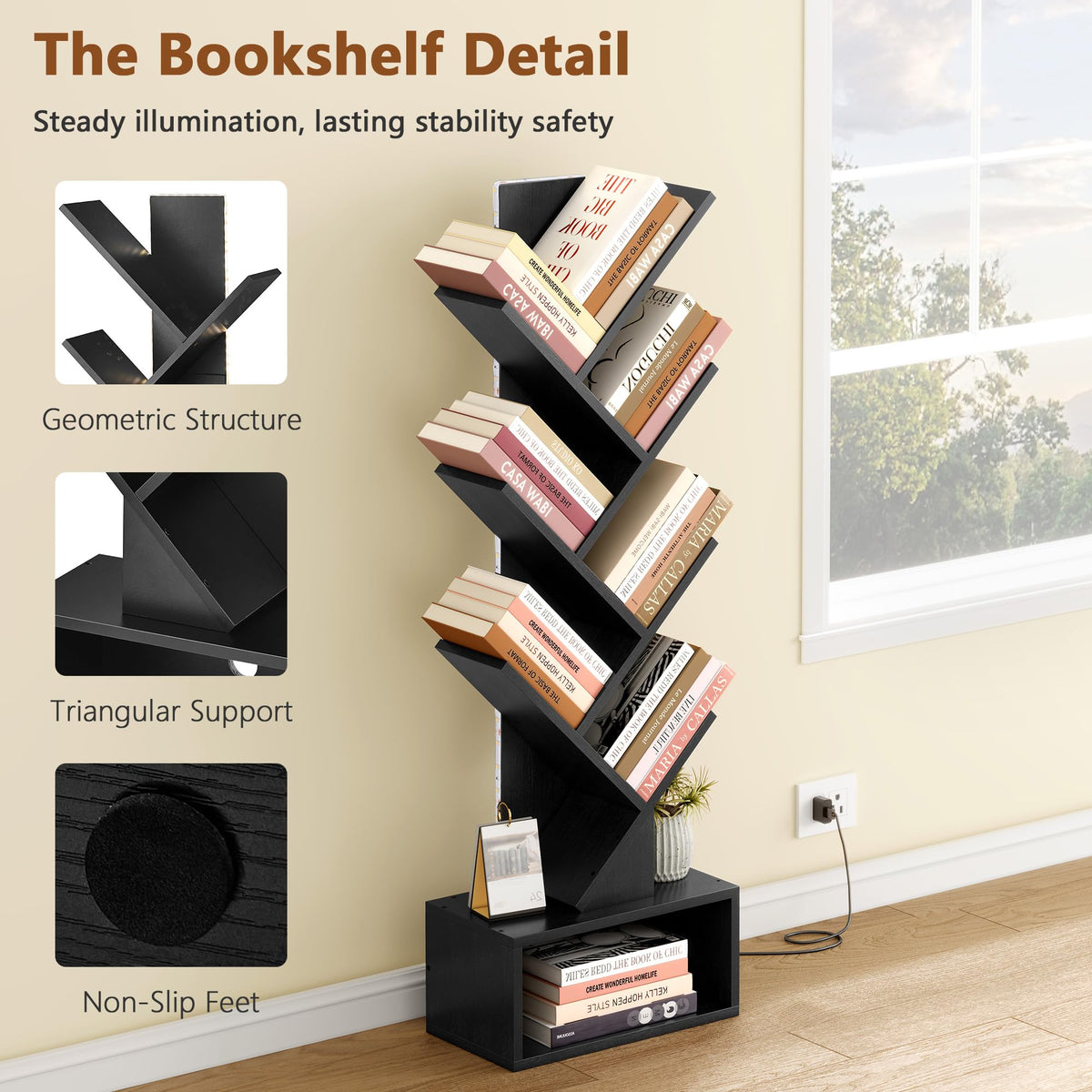 6 Tier Tree Bookshelf with Drawer and LED Lights Y15849