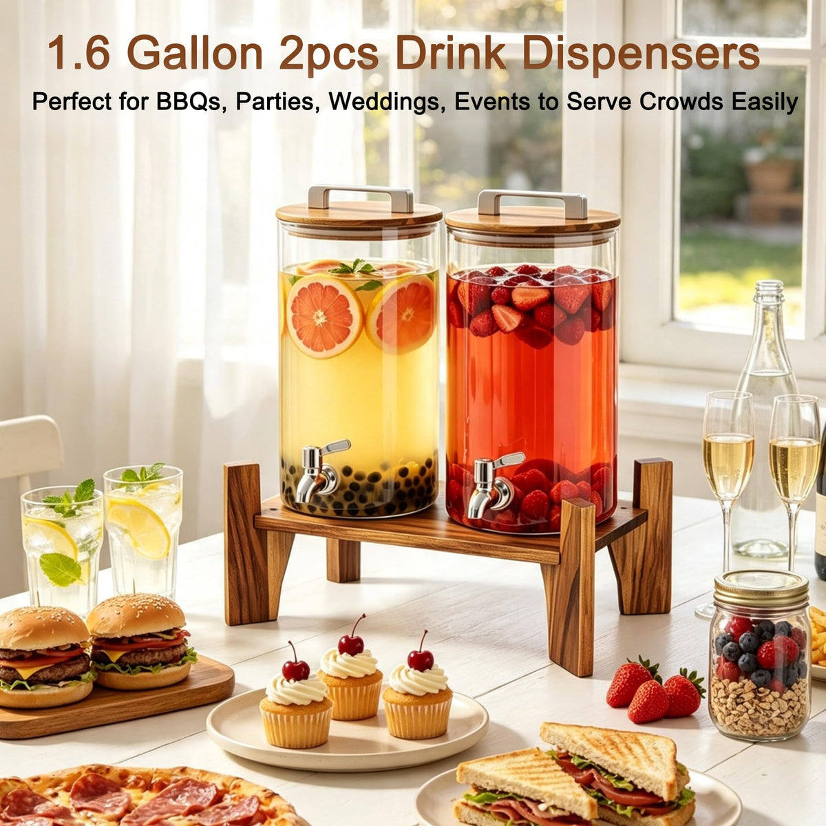 Glass Drink Dispenser with Wood Stand 1.6 Gallon E735542