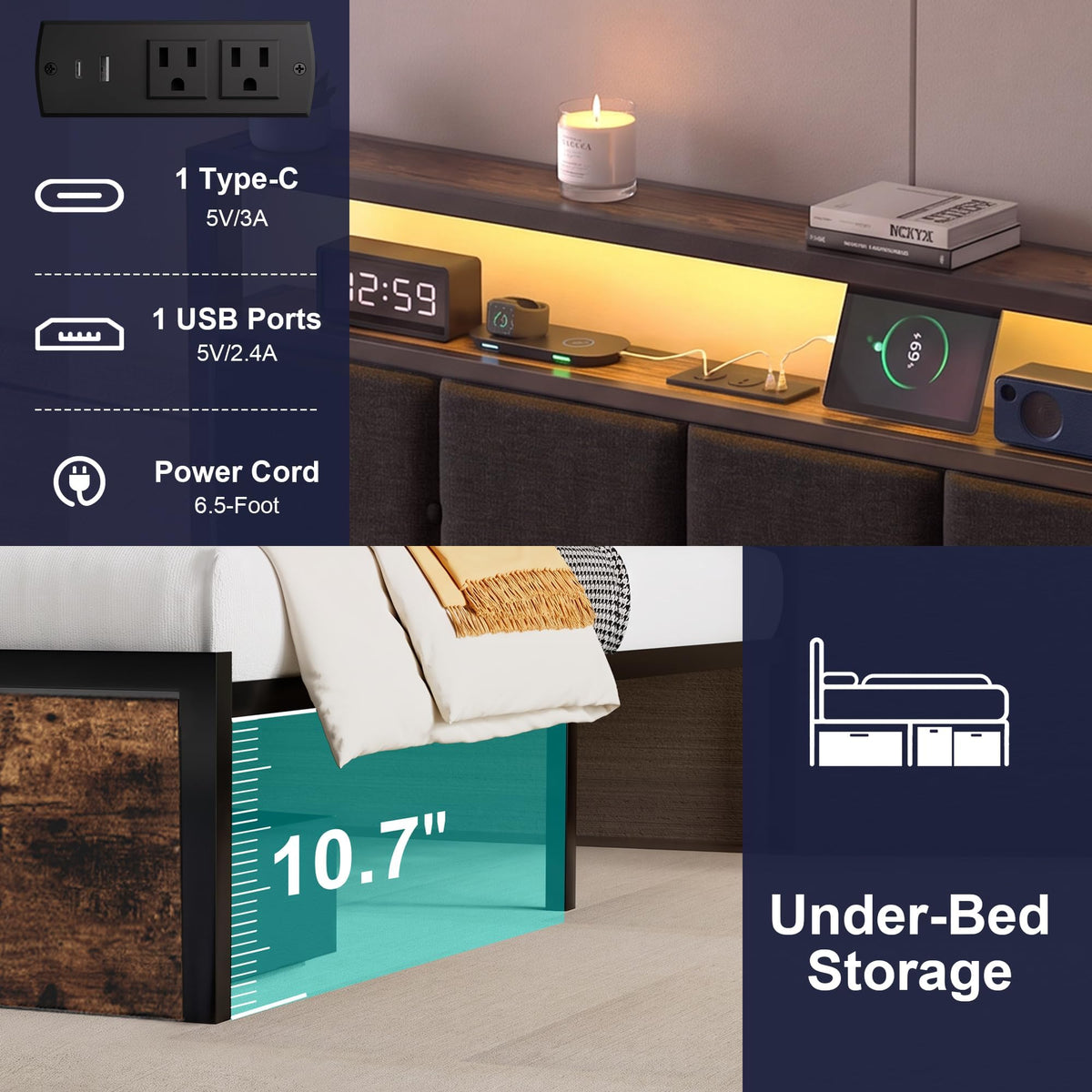 Full Bed Frame with Storage Drawers and LED Lights V70485