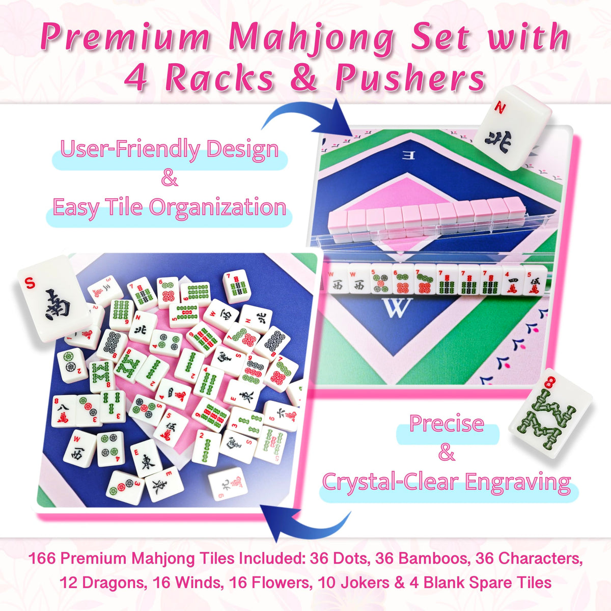 Pink Mahjong Game Set with 166 Tiles, Mat, 4 Racks and Bag V383