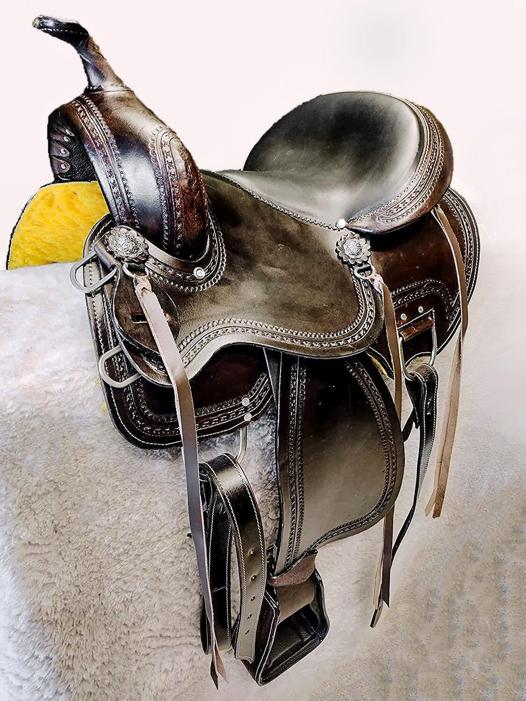 Brown Leather Western Horse Saddle Set with Headstall Breast Collar Reins C543